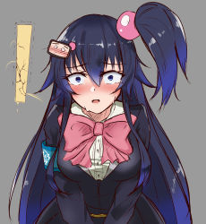 Rule 34 | 1girl, armband, black jacket, blue eyes, blush, bombergirl, bow, bowtie, buttons, constricted pupils, embarrassed, female focus, grey background, hair between eyes, hair ornament, hairclip, have to pee, highres, ikayaki-san, jacket, kuro (bombergirl), leaning forward, long sleeves, looking at viewer, nose blush, one side up, open mouth, peeing, peeing self, pink bow, pink bowtie, school uniform, shirt, sidelocks, simple background, solo, straight-on, sweat, tears, textless version, upper body, urine meter, v arms, white shirt