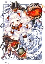 Rule 34 | 10s, 1girl, abyssal ship, colored skin, crying, dress, enemy aircraft (kancolle), horns, kantai collection, long hair, looking at viewer, mittens, northern ocean princess, open mouth, ripples, sheep sleep, sleeveless, sleeveless dress, tears, white dress, white hair, white skin, yellow eyes