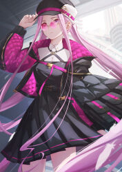 Rule 34 | 1girl, absurdres, black dress, black hat, black jacket, breasts, collared shirt, dress, fate/grand order, fate (series), fur-trimmed headwear, fur trim, glasses, hat, highres, jacket, large breasts, long hair, long sleeves, looking at viewer, medusa (fate), medusa (saber) (fate), parted bangs, pink-tinted eyewear, purple eyes, purple hair, round eyewear, shirt, sidelocks, solo, tinted eyewear, twintails, very long hair, white shirt, yuniyuni