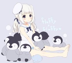 Rule 34 | 1girl, absurdres, animal, animal ears, bare arms, bare legs, bare shoulders, barefoot, bird, black eyes, blue bow, blue ribbon, blush, bow, braid, chick, closed mouth, collarbone, commentary request, dress, feet, ferret ears, grey background, hair ribbon, hat, heart, highres, legs, light brown hair, long hair, neki (wakiko), original, penguin, penguin chick, ribbon, sailor collar, sailor dress, sailor hat, short dress, sitting, sleeveless, sleeveless dress, solo, stuffed animal, stuffed toy, stuffed whale, tilted headwear, toenails, twintails, white dress, white hat, white sailor collar
