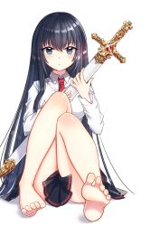 Rule 34 | 1girl, bad id, bad pixiv id, barefoot, black hair, blush, expressionless, feet, full body, gem, gold, highres, legs, long hair, long sleeves, necktie, original, pleated skirt, sheath, sheathed, shirt, simple background, skirt, soles, solo, sugarv, sword, toes, very long hair, weapon, white background