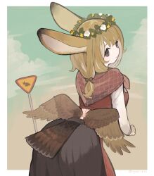 Rule 34 | 1girl, animal ears, bird tail, breasts, brown eyes, brown hair, capelet, cloud, commentary request, cropped shirt, cryptid, hair ribbon, head wreath, highres, large breasts, long skirt, long sleeves, looking back, low wings, medium breasts, original, outdoors, rabbit ears, ribbon, road sign, sakutake (ue3sayu), sign, skirt, skvader, solo, swept bangs, tail, wings