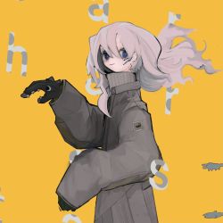 Rule 34 | 052 (saniiiwan), 1girl, beige jacket, black gloves, blue eyes, commentary request, gloves, hand puppet, highres, long hair, looking at viewer, original, puppet, sideways glance, sleeves past wrists, smile, solo, white hair, yellow background