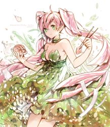 Rule 34 | 1girl, :t, ahoge, alternate eye color, alternate hair color, artist name, bare arms, breasts, character name, choker, chopsticks, cleavage, commentary, dress, eating, empew, food, garlic, green dress, green eyes, hatsune miku, holding, kimchi, leaf, lettuce, long hair, meat, onion, pink hair, plate, pork, solo, strapless, strapless dress, twintails, very long hair, vocaloid