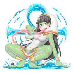 Rule 34 | 1girl, ankh, anklet, black hair, blunt bangs, blush, bracelet, breasts, character request, colored skin, frog girl, green skin, highres, hood, horizontal pupils, jewelry, leaning back, long hair, long tongue, looking at viewer, monster girl, multicolored skin, nipples, open mouth, pelvic curtain, rantana (lalalalackluster), simple background, slime (creature), slime (substance), solo, spread legs, squatting, tokyo tenma, tongue, tongue out, topless, water, white background, white skin, yellow eyes