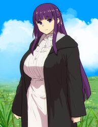 Rule 34 | 1girl, black coat, blue sky, breasts, cloud, cloudy sky, coat, day, dress, erkaz, expressionless, fern (sousou no frieren), grass, highres, large breasts, long sleeves, looking at viewer, outdoors, purple eyes, purple hair, purple pupils, sky, solo, sousou no frieren, upper body, white dress