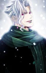 Rule 34 | 1boy, alternate hair color, bad id, bad pixiv id, green scarf, jojo no kimyou na bouken, kakyoin noriaki, male focus, moru, purple eyes, scarf, snowing, solo, white hair