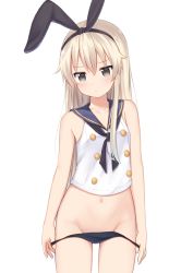 Rule 34 | 1girl, bare arms, bare legs, bare shoulders, black hairband, black panties, blush, breasts, brown eyes, collarbone, commentary request, hair between eyes, hair ornament, hairband, highres, kanekan, kantai collection, long hair, looking at viewer, navel, no pants, panties, panty pull, sailor collar, shimakaze (kancolle), simple background, small breasts, solo, standing, underwear, white background