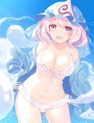 Rule 34 | 1girl, :d, absurdres, alternate costume, bikini, bird, blue headwear, blue jacket, blue sky, blush, breasts, cleavage, collarbone, commentary request, eyelashes, frilled swimsuit, frills, ghost, highres, hitodama, jacket, large breasts, long sleeves, looking at viewer, navel, ocean, off shoulder, open clothes, open jacket, open mouth, outdoors, pink eyes, pink hair, saigyouji yuyuko, shinketsu kanyu, short hair, sky, sleeves past fingers, sleeves past wrists, smile, solo, standing, stomach, swimsuit, touhou, triangular headpiece, water, water drop, white bikini