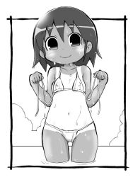 Rule 34 | 1girl, bikini, blush, closed mouth, cloud, collarbone, cowboy shot, framed, greyscale, hands up, holding, kill me baby, looking at viewer, monochrome, navel, oribe yasuna, partially submerged, simple background, smile, solo, standing, swimsuit, tan, tanline, untied bikini, water, white background, zubatto (makoto)