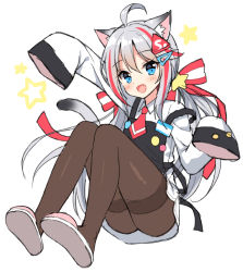 Rule 34 | 1girl, :d, ahoge, animal ear fluff, animal ears, apron, arm up, black apron, blue eyes, blush, bow, brown pantyhose, cat ears, collared dress, commentary, dress, fang, full body, hair bow, hair ornament, hairclip, long sleeves, looking at viewer, mauve, multicolored hair, open mouth, original, outstretched arm, pantyhose, pink footwear, red bow, red hair, red neckwear, shoe soles, silver hair, simple background, sleeves past fingers, sleeves past wrists, slippers, smile, solo, star (symbol), star hair ornament, streaked hair, striped, striped bow, symbol-only commentary, thighband pantyhose, white background, white dress