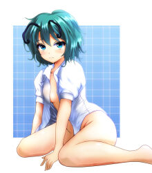 Rule 34 | 1girl, antennae, blue eyes, blush, breasts, breasts apart, closed mouth, collared shirt, commentary request, frown, full body, green hair, grid background, kemunpasu (keeen), looking at viewer, medium bangs, naked shirt, shirt, short hair, short sleeves, sitting, small breasts, solo, touhou, white background, white shirt, wriggle nightbug, yokozuwari