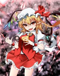 Rule 34 | 1girl, :d, ascot, ashigaruk, blurry, blurry background, cowboy shot, crystal, fang, flandre scarlet, hat, hat ribbon, highres, mob cap, open mouth, pointy ears, red eyes, red ribbon, red skirt, red vest, ribbon, shirt, skirt, smile, solo, standing, touhou, vest, white hat, white shirt, wings, wrist cuffs, yellow ascot