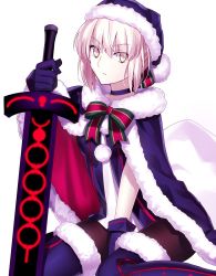 Rule 34 | 1girl, artoria pendragon (all), artoria pendragon (fate), between legs, black pantyhose, blue cape, blue footwear, blue gloves, blue hat, blue ribbon, blue santa costume, boots, cape, choker, excalibur morgan (fate), fate (series), fur trim, gloves, hair between eyes, hair ribbon, hand between legs, hat, holding, holding sword, holding weapon, looking at viewer, minamina, pantyhose, ribbon, ribbon choker, saber alter, santa alter, santa boots, santa costume, santa hat, short hair, silver hair, simple background, solo, striped ribbon, sword, thigh boots, thighhighs, weapon, white background, yellow eyes