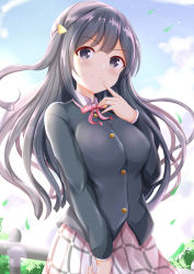 Rule 34 | 1girl, black eyes, black hair, black jacket, blush, bow, breasts, closed mouth, collared shirt, commentary request, day, falling leaves, fence, finger to mouth, hand up, highres, jacket, leaf, long hair, love live!, love live! nijigasaki high school idol club, medium breasts, outdoors, pink bow, school uniform, shirt, skirt, smile, solo, very long hair, white shirt, white skirt, xenon (for achieve), yuki setsuna (love live!)