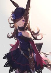 Rule 34 | 1girl, animal ears, backlighting, bare shoulders, belt, black bow, black collar, bow, breasts, brown belt, brown hair, collar, commentary request, cowboy shot, dress, flower, frilled dress, frills, from above, gradient background, hat, hat flower, highres, horse ears, horse girl, horse tail, itaco, knife, large bow, long hair, long sleeves, looking at viewer, medium breasts, one eye covered, open mouth, parted bangs, pink sleeves, purple dress, purple eyes, purple hat, rice shower (umamusume), sheath, simple background, smile, solo, standing, sweat, tail, umamusume, weapon