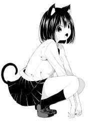 Rule 34 | 1girl, :o, animal ears, attsun (atsushi jb), between legs, blush, buttons, cat ears, cat girl, cat tail, collared shirt, dress shirt, fang, female focus, fingernails, from side, full body, greyscale, hand between legs, head tilt, highres, kneehighs, legs apart, loafers, long fingernails, looking at viewer, looking to the side, monochrome, nail polish, open mouth, original, pleated skirt, school uniform, shirt, shoes, short hair, simple background, skirt, socks, solo, squatting, tail, tooth, white background