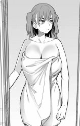 Rule 34 | 1girl, 774 (nanashi), breasts, cleavage, collarbone, comic, greyscale, highres, ijiranaide nagatoro-san, large breasts, looking to the side, low twintails, monochrome, naked towel, official art, shikki (ijiranaide nagatoro-san), solo, towel, twintails
