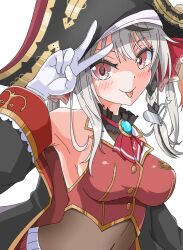 Rule 34 | 1girl, :p, armpits, bare shoulders, bicorne, black coat, black hair, black hat, black jacket, black leotard, blush, braid, breasts, closed mouth, coat, cosplay, cropped jacket, dot nose, gloves, grey hair, hand on own head, hand up, hat, highres, hololive, houshou marine, houshou marine (1st costume), houshou marine (cosplay), jacket, large breasts, leotard, leotard under clothes, long hair, looking at viewer, multicolored hair, off shoulder, open clothes, open jacket, red coat, red eyes, red jacket, sakamata chloe, side braid, sidelocks, simple background, sleeveless, sleeveless jacket, smile, solo, streaked hair, tongue, tongue out, two-sided fabric, two-sided jacket, two-tone hair, v, virtual youtuber, white background, white gloves, yu d1005