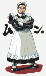 Rule 34 | 1boy, alternate costume, apron, black dress, buzz cut, crossdressing, crossed arms, dress, enmaided, facial hair, frilled apron, frills, full body, goatee, golden kamuy, legs apart, looking at viewer, maid, maid apron, maid headdress, male focus, male maid, mature male, mineco000, muscular, muscular male, serious, short hair, solo, standing, thick eyebrows, translation request, tsukishima hajime, tsurime, veiny face, very short hair, white apron