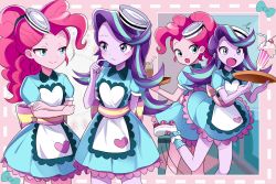 Rule 34 | 2girls, apron, bow, colored skin, dress bow, hat, highres, legs, milkshake, multicolored hair, multiple girls, my little pony, my little pony: equestria girls, my little pony: friendship is magic, pink hair, pinkie pie, purple hair, roller shoes, ryuu, shoes, skirt, starlight glimmer, streaked hair, waitress