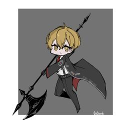 Rule 34 | 0o0onnk, 1boy, axe, black coat, blonde hair, chibi, closed mouth, coat, collared shirt, expressionless, full body, highres, holding, holding axe, limbus company, looking at viewer, necktie, project moon, red necktie, shirt, sinclair (project moon), solo, white shirt, yellow eyes