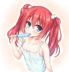 Rule 34 | 1girl, aqua camisole, arm at side, blue eyes, blush, breasts, camisole, casual, collarbone, commentary, eating, eyes visible through hair, food, food in mouth, hair between eyes, hand up, holding, holding food, holding ice cream, ice cream, igarashi kenji, long hair, looking at viewer, mibu chisaki, off shoulder, pom pom (clothes), popsicle, popsicle in mouth, red hair, riddle joker, sexually suggestive, simple background, small breasts, solo, sweat, twintails, upper body, yellow background