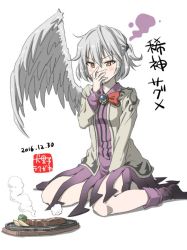 Rule 34 | 1girl, 2016, between legs, bow, bowtie, brooch, character name, covered mouth, covering own mouth, dated, dress, drooling, feathered wings, food, grey jacket, grey wings, half updo, hand between legs, hand over own mouth, hotplate, inuno rakugaki, jacket, jewelry, kishin sagume, long sleeves, orange eyes, purple dress, purple legwear, red bow, red bowtie, saliva, short hair, silver hair, single wing, sitting, solo, steak, steam, touhou, wariza, white background, wings