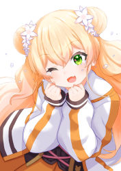 1girl ;d absurdres blonde_hair clenched_hands double_bun fang flower gradient_hair green_eyes hair_bun hair_flower hair_ornament happy_tears highres hololive jacket letterman_jacket long_hair momosuzu_nene multicolored_hair one_eye_closed open_mouth orange_skirt skin_fang skirt smile solo tears two_side_up virtual_youtuber wappa white_jacket