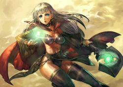 Rule 34 | 1girl, action, aqua eyes, bracelet, cape, detached sleeves, docoi, earrings, fantasy, jewelry, long hair, open mouth, original, solo, staff, thighhighs, white hair, wind