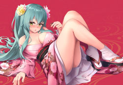 Rule 34 | 1girl, alternate costume, alternate hairstyle, aqua hair, awa yume, breasts, cup, duplicate, floral print, furisode, green eyes, holding, holding cup, japanese clothes, kantai collection, kimono, large breasts, long hair, obi, off shoulder, one side up, pink kimono, pixel-perfect duplicate, sandals, sash, solo, suzuya (kancolle), tabi, very long hair, white legwear, wide sleeves, zouri