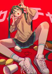 Rule 34 | 114 usamaro, 1girl, :o, aqua eyes, aqua hair, book, book stack, casual, chromatic aberration, cup, disposable cup, film grain, food, from below, fruit, hatsune miku, head tilt, highres, hood, hoodie, knees, knees apart feet together, lemon, ok sign, pleated skirt, red background, shoes, skirt, sneakers, socks, solo, spread legs, string phone, twintails, vocaloid, white socks, yellow hoodie