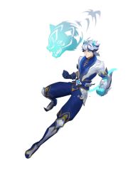 Rule 34 | 1boy, belt, black gloves, blue footwear, blue hair, blue pants, boots, clenched hands, ezreal, full body, gauntlets, gloves, grey background, grey hair, hane nuo qing-ko, highres, jacket, knee boots, league of legends, male focus, multicolored hair, official alternate costume, official alternate hairstyle, pants, porcelain ezreal, short hair, simple background, single gauntlet, single glove, solo, star (symbol), tiger, two-tone hair, white background, white jacket