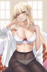 Rule 34 | 1girl, absurdres, armpits, ayaginu temari, bare shoulders, blonde hair, bra, breasts, brown pantyhose, cleavage, commission, covered navel, finger to mouth, hand up, highres, isekai tensei shite v ni narimashita, lace, lace-trimmed bra, lace trim, long hair, looking at viewer, medium breasts, mole, mole under eye, off shoulder, open clothes, open shirt, panties, panties under pantyhose, pantyhose, red eyes, see-through, shirt, sitting, skeb commission, solo, thighband pantyhose, underwear, virtual youtuber, white bra, white panties, white shirt, yamikyon