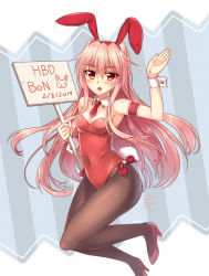 Rule 34 | 1girl, :o, animal ears, armband, breasts, cleavage, covered navel, detached collar, fake animal ears, high heels, highres, holding, holding sign, leotard, long hair, luzi, necktie, original, pantyhose, pink hair, placard, playboy bunny, rabbit ears, rabbit tail, red eyes, red necktie, short necktie, sign, small breasts, solo, tail, very long hair, wrist cuffs