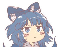 Rule 34 | 1girl, blue bow, blush, bow, chibi, commentary, expressionless, gyate gyate, hair bow, hood, hood down, hoodie, ikiyouz, long hair, short sleeves, solo, touhou, transparent background, upper body, white background, yorigami shion