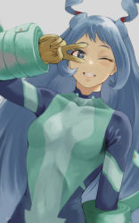 Rule 34 | 1girl, absurdres, blue eyes, blue hair, bodysuit, boku no hero academia, brown gloves, covered navel, fengling (furin-jp), gloves, grey background, grin, hadou nejire, highres, long hair, looking at viewer, one eye closed, smile, solo, upper body, v over eye, very long hair