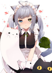 Rule 34 | 1girl, :t, abe suke, absurdres, ahoge, animal, animal ears, animal hands, apron, black cat, black dress, black gloves, blue eyes, blush, bow, breasts, brown eyes, cat, cat ears, cat girl, cat hair ornament, cat tail, closed mouth, collared dress, commentary request, dress, frilled apron, frilled dress, frills, gloves, green bow, grey hair, hair ornament, hairclip, heart, heart ahoge, heterochromia, highres, long hair, looking at viewer, maid, maid headdress, medium breasts, original, paw gloves, pout, puffy short sleeves, puffy sleeves, short sleeves, simple background, solo, tail, tail bow, tail ornament, twintails, waist apron, white apron, white background, white cat