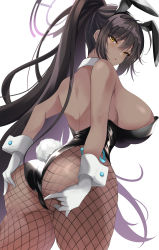 Rule 34 | 1girl, akatsuki (aktk511), ass, ass grab, bare shoulders, black hair, black leotard, blue archive, blush, breasts, curvy, dark skin, fishnet pantyhose, fishnets, from behind, gloves, grabbing own ass, halo, highleg, highleg leotard, highres, huge ass, karin (blue archive), karin (bunny) (blue archive), large breasts, leotard, long hair, looking at viewer, open mouth, pantyhose, playboy bunny, ponytail, rabbit ears, rabbit tail, shiny clothes, shiny skin, sideboob, solo, tail, thick thighs, thighs, thong leotard, very long hair, wide hips, yellow eyes