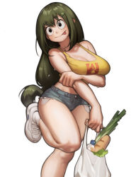 Rule 34 | arms under breasts, asui tsuyu, bag, boku no hero academia, bread, breasts, denim, denim shorts, food, green hair, grocery bag, highres, large breasts, lentiyay, shoes, shopping bag, short shorts, shorts, sneakers, spring onion, standing, standing on one leg, vegetable, water drop, white footwear