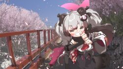 Rule 34 | 1girl, = =, ahoge, amonitto, animal ears, architecture, armor, ascot, black hair, black ribbon, black scarf, black skirt, blue archive, blue sky, blurry, blurry background, blush, building, cherry blossoms, colored tips, commentary request, day, east asian architecture, eyeshadow, facing viewer, falling petals, film grain, floral print, foot out of frame, foot up, grey hair, grin, hadanugi dousa, hair ribbon, halo, hands up, highres, japanese armor, japanese clothes, kimono, kote, kuji-in, kurokote, long hair, makeup, michiru (blue archive), multicolored clothes, multicolored hair, multicolored kimono, ninja, obijime, open kimono, outdoors, petals, photo background, pink eyeshadow, pleated skirt, raccoon ears, raccoon hair ornament, railing, red ascot, ribbon, scarf, shoes, short eyebrows, skirt, sky, smile, sneakers, solo, standing, standing on one leg, thick eyebrows, tree, twintails, v-shaped eyebrows, white kimono, wide sleeves