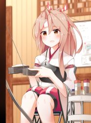 Rule 34 | 1girl, bow (weapon), brown eyes, chair, commentary request, folding chair, grey hair, hachimaki, hakama, hakama pants, hakama shorts, headband, high ponytail, highres, japanese clothes, kantai collection, light brown hair, long hair, long sleeves, muneate, open mouth, pants, pia (botamochinjufu), ponytail, red pants, shorts, sitting, smile, solo, striped, striped headband, weapon, wide sleeves, yumi (bow), zuihou (kancolle)