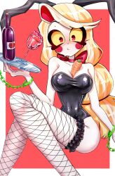 Rule 34 | animal ears, blonde hair, blush, bottle, breasts, carrot, charlie morningstar, circle facial mark, colored inner hair, colored sclera, colored skin, cuffs, cup, drinking glass, fake animal ears, fishnet thighhighs, fishnets, food between breasts, fuwafuwasittori, handcuffs, hazbin hotel, highres, holding, holding tray, leotard, long hair, looking at viewer, multi-tied hair, multicolored hair, playboy bunny, rabbit ears, sitting, strapless, strapless leotard, thighhighs, tray, very long hair, white skin, wine bottle, wine glass, yellow sclera