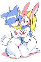 Rule 34 | 2girls, :3, :d, ^ ^, absurdres, ahoge, animal ear fluff, animal ears, animal nose, bikini, blue hair, blush, body fur, breasts, cat, cat ears, cat girl, cat tail, closed eyes, commentary request, furry, furry female, furry with furry, hair between eyes, hair ribbon, highres, kneeling, medium breasts, medium hair, multiple girls, open mouth, original, purple eyes, rabbit, rabbit ears, rabbit girl, rabbit tail, red bikini, ribbon, scarf, short hair, simple background, smile, suurin (ksyaro), swimsuit, tail, white background, white fur, yellow ribbon, yellow scarf