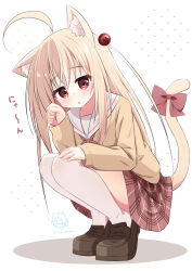 Rule 34 | 1girl, :o, ahoge, animal ears, blonde dog girl (ri-net), blonde hair, blush, bow, brown footwear, brown shirt, cat ears, cat girl, cat tail, character watermark, full body, hair between eyes, hand up, highres, loafers, long hair, long sleeves, looking at viewer, original, parted lips, paw pose, plaid, plaid skirt, puffy long sleeves, puffy sleeves, red bow, red eyes, red skirt, ri-net, sailor collar, school uniform, serafuku, shadow, shirt, shoes, skirt, solo, squatting, tail, tail bow, tail ornament, thighhighs, tiptoes, translation request, twitter username, very long hair, white background, white sailor collar, white thighhighs