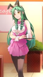 Rule 34 | 1girl, animal ears, black hairband, brick wall, closed mouth, collared shirt, cup, doukyuusei, doukyuusei another world, dress shirt, fake animal ears, game cg, green hair, hair intakes, hairband, head tilt, holding, holding plate, long hair, miniskirt, official art, outdoors, pantyhose, pink neckwear, pink ribbon, pink skirt, plate, pleated skirt, rabbit ears, ribbon, sakuma chiharu, shiny clothes, shiny legwear, shirt, skirt, sleeveless, sleeveless shirt, smile, solo, standing, very long hair, waitress, white shirt, wing collar, yellow eyes
