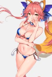 Rule 34 | 10s, 1girl, \n/, animal ears, bad id, bad pixiv id, bare arms, bare shoulders, between breasts, bikini, blue bikini, blue bow, bow, breasts, collar, crossed legs, detached collar, fate/extra, fate (series), floating hair, fox ears, fox shadow puppet, fox tail, grey background, hair between eyes, hair bow, hand on own stomach, hand over face, hand up, heart, highres, jewelry, long hair, looking at viewer, medium breasts, navel, necklace, pink hair, side-tie bikini bottom, simple background, smile, solo, stomach, swimsuit, tail, tamamo (fate), tamamo no mae (fate/extra), tamamo no mae (swimsuit lancer) (fate), very long hair, yellow eyes, yuran