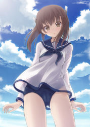 Rule 34 | 1girl, brown eyes, brown hair, cloud, cosplay, creator connection, day, hyuuga azuri, kantai collection, miyafuji yoshika, miyafuji yoshika (cosplay), parody, parted lips, school swimsuit, school uniform, serafuku, short hair, sky, solo, strike witches, swimsuit, swimsuit under clothes, taihou (kancolle), wind, world witches series