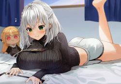 Rule 34 | 1girl, bare legs, barefoot, black sweater, blush, breasts, cellphone, character doll, closed mouth, commentary request, curtains, feet up, gotou (nekocat), green eyes, hair between eyes, highres, hololive, huge breasts, indoors, large breasts, long hair, long sleeves, looking away, musical note, object on breast, on bed, phone, ribbed sweater, shiranui flare, shirogane noel, short shorts, shorts, silver hair, sleeves past wrists, smartphone, smile, solo, sweater, tablet pc, virtual youtuber, white shorts, window