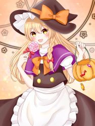 Rule 34 | 1girl, :d, apron, black dress, blonde hair, blush, bow, bowtie, braid, bucket, candy, capelet, commentary, cowboy shot, dress, english commentary, fang, food, hair between eyes, hat, highres, holding, holding bucket, holding candy, holding food, holding lollipop, kirisame marisa, lollipop, long hair, looking at viewer, open mouth, orange bow, orange bowtie, piyoru nico, puffy short sleeves, puffy sleeves, pumpkin, purple capelet, short sleeves, single braid, skin fang, smile, solo, standing, star (symbol), stick, symbol-only commentary, touhou, turtleneck, witch hat, yellow eyes